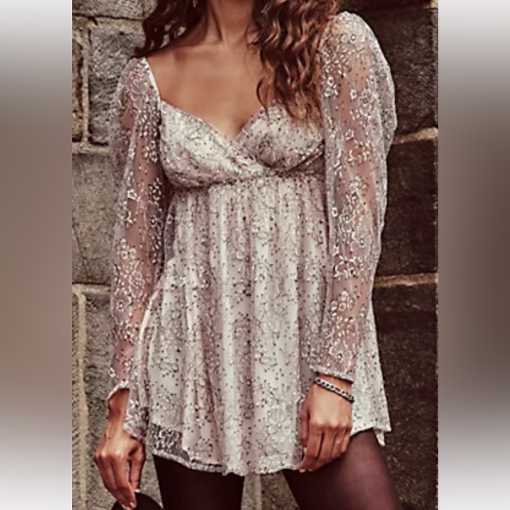 Free People Heavenly Lace Tunic Dress in Champagne Toast